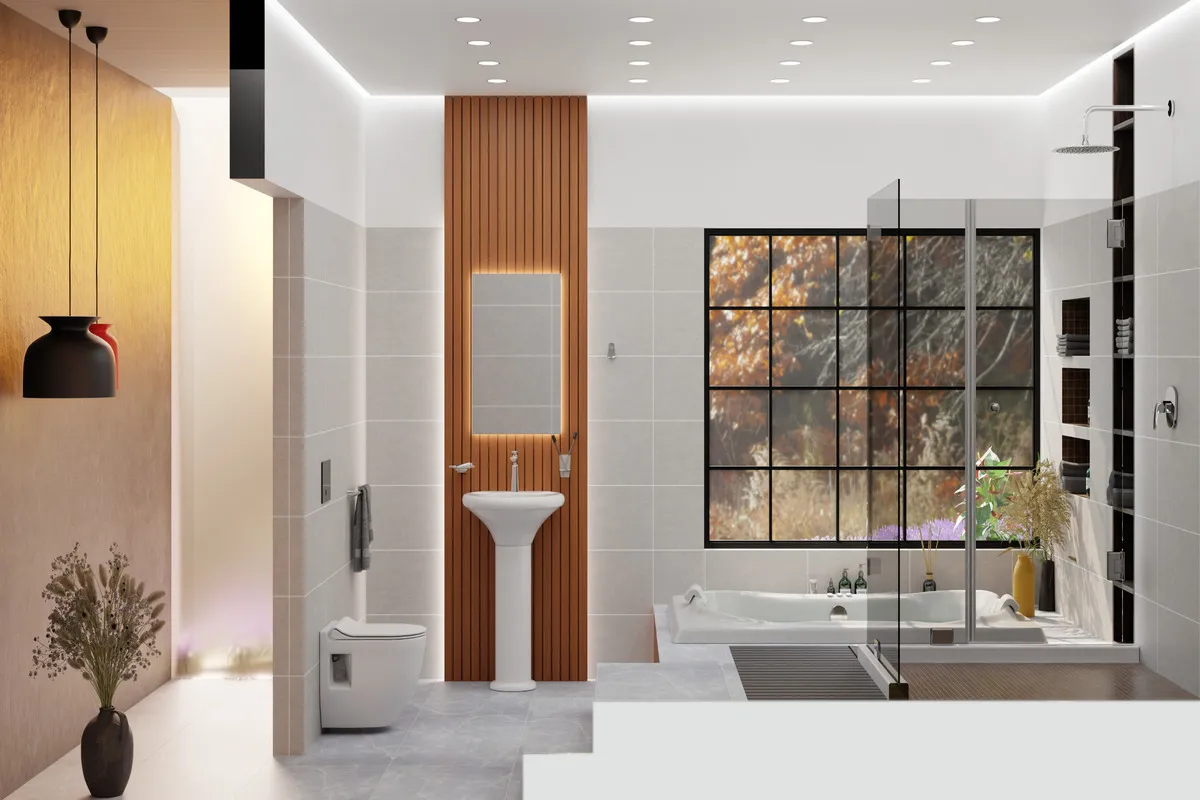“Baño tipo oasis de bienestar con luz cálida, plantas y texturas naturales.”